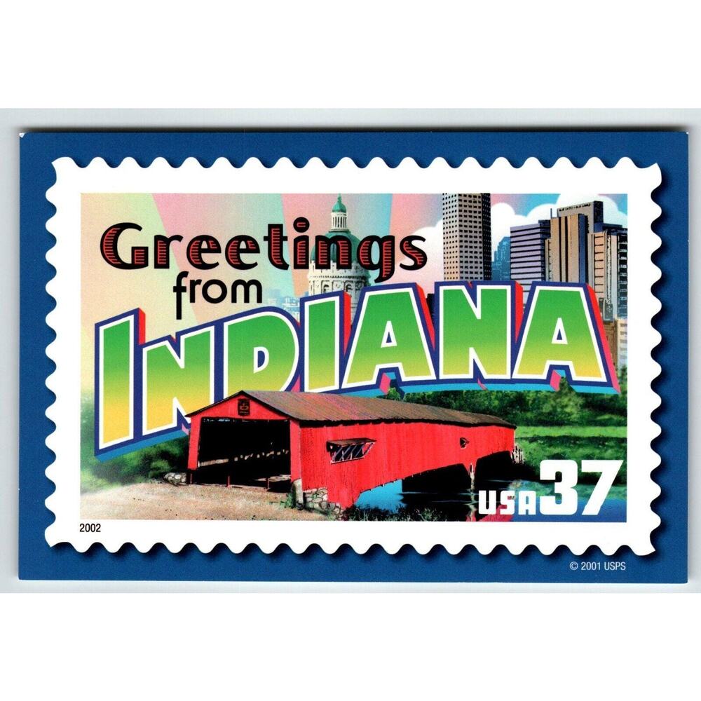 Greetings From Indiana Large Letter Chrome Postcard USPS 2001 Covered Bridge